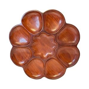 Mahogany Wood Divided Plater 15” Flower Shaped Snack Tray